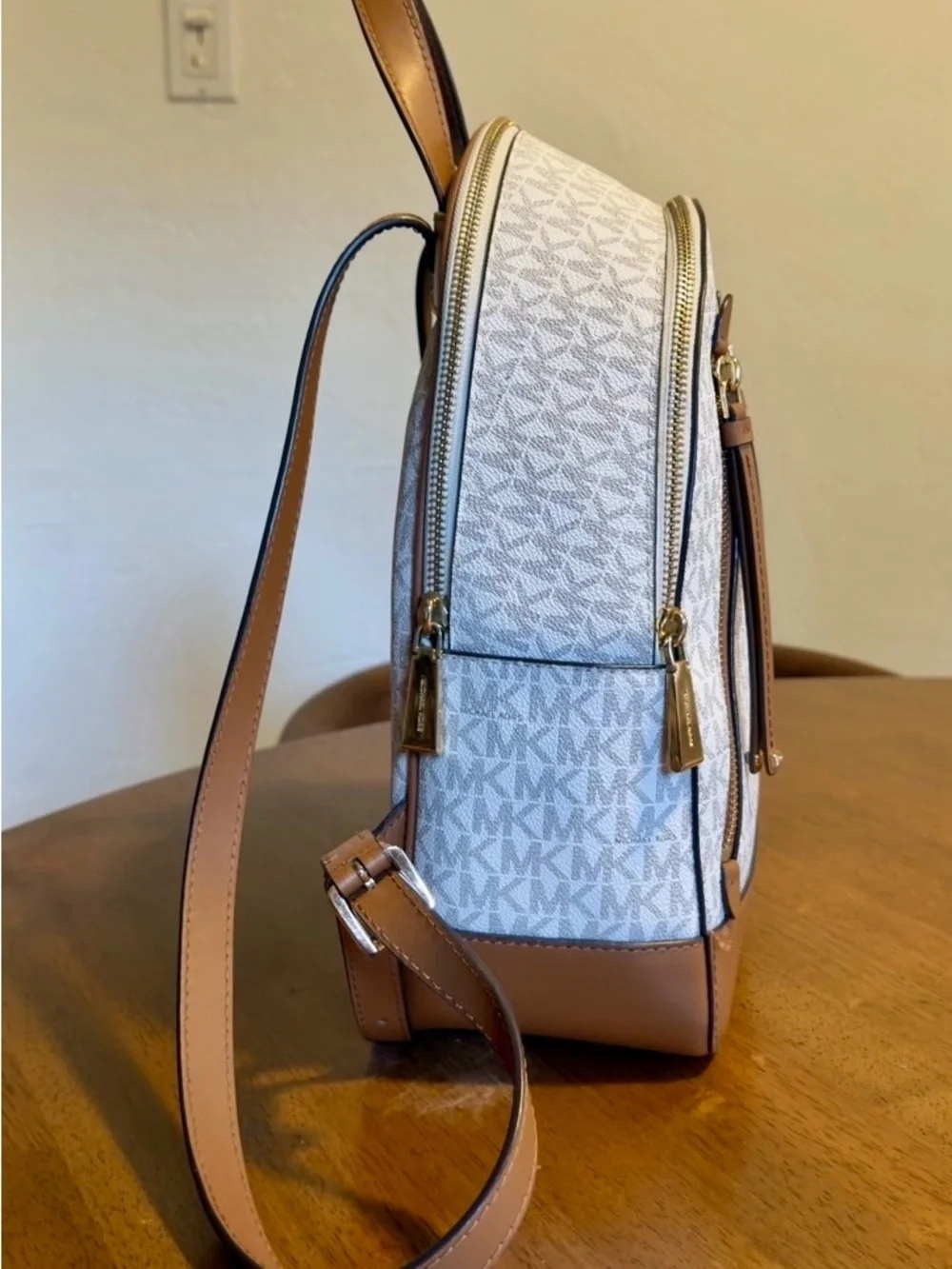 Michael Kors White and Brown Signature Mini Backpack